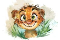 Cheerful cartoon tiger cub with big green eyes and friendly smile peeking through grass, watercolor style illustration for children's books and nursery art.