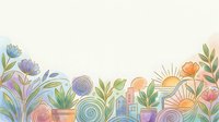 Soft watercolor banner with flowers, plants, city buildings and sun, pastel tones, wide copy space for text, spring nature background.