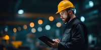Construction worker in yellow hard hat using digital tablet at night on industrial site, illuminated by blue lights in background.