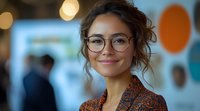 Young Asian woman with glasses and messy bun hairstyle smiling warmly at camera, wearing brown patterned top against blurred office background with bokeh lights.