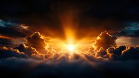 Dramatic sunset rays pierce through dark storm clouds creating spectacular light beams in orange and gold sky, spiritual atmospheric scene.
