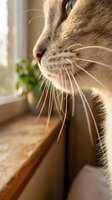 Close-up profile of tabby cat with prominent whiskers looking out sunny window, soft natural lighting highlighting facial features and fur texture.