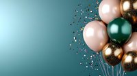 Festive balloon bouquet with rose gold and emerald green balloons on teal background with golden confetti for party celebration and holiday decoration.