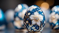 Decorative Easter egg with white floral pattern on deep blue background. Traditional hand-crafted ornamental design features delicate blooms and golden accents.