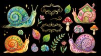 Whimsical snails and mushrooms with decorative flourishes isolated on transparent background. Ready for t-shirt designs, stickers, clipart, sublimation, print-on-demand products, and digital crafts.