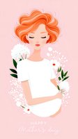 Gentle illustration of expectant mother with ginger hair holding white flowers on pink background, wearing white dress. Feminine motherhood celebration artwork.