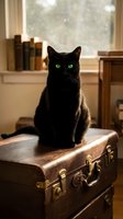 Black cat with striking green eyes sitting on vintage leather trunk near window with books and warm sunlight, suitable for pet, home decor, and lifestyle editorial use.