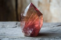Pink quartz crystal point with rutile inclusions on rustic wooden surface, displaying natural mineral formation with deep rose and golden hues in mystical lighting.
