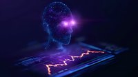 Glowing purple digital head silhouette with bright light from eye area floating above financial chart graph displaying market data trends in futuristic style.