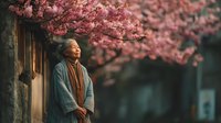 Elderly Asian man in traditional clothing standing peacefully under blooming cherry blossom tree in serene garden setting during springtime.