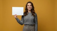 Smiling young Caucasian woman in gray sweater holding blank white card against yellow background for marketing presentation or advertising mockup.