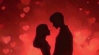 Romantic couple silhouettes facing each other on red background with floating hearts for Valentine's Day love celebration and wedding designs.