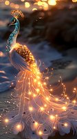 Magical glowing peacock with luminous feathers against dark background, sparkling with golden light effects at dusk.