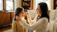 Young mother applying sunscreen to daughter's face in cozy living room, family skincare routine, parental care and protection concept.