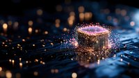 Glowing quantum computing concept with luminous cylinder of data particles on circuit board with bokeh light effects in dark background.