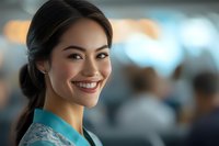 Young Asian woman with bright genuine smile wearing turquoise blouse against blurred office background, professional corporate portrait for business marketing.