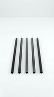 Five black cylindrical rods or tubes arranged in parallel row on white background, isolated for industrial design and engineering applications.