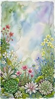 Watercolor garden with succulents and wildflowers in soft pastel tones, green foliage, pink, white, yellow blooms on dreamy blue-green background.