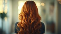 Back view of woman with long wavy copper red hair against blurred bokeh background, showcasing modern hairstyle for salon advertising.
