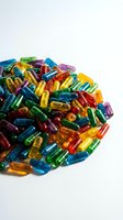 Colorful transparent medicine capsules scattered on white background for pharmaceutical and healthcare design projects.
