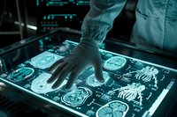 Medical professional in protective gloves analyzing brain scan results on futuristic touchscreen display with blue holographic interface showing neurological data.