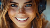 Close up portrait of young woman with freckles, bright blue eyes and radiant smile showing white teeth, illuminated by warm natural sunlight.