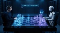 Young Caucasian businessman playing holographic chess against humanoid robot in futuristic blue-lit room with strategy optimization display.