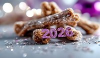 Festive composition with glittery purple numbers 2020 and cinnamon sticks dusted with sugar crystals on blurred bokeh background with sparkles.