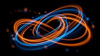 Abstract neon glowing loops with orange and blue light trails intertwining against dark background, suitable for technology and digital design projects.