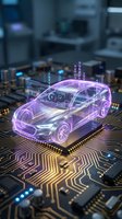 Futuristic holographic car projection on circuit board with glowing purple wireframe design and digital data visualization for automotive technology concepts.