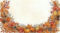 Autumn harvest wreath with pumpkins, maple leaves, acorns and berries on cream background. Fall seasonal decoration frame for thanksgiving greeting cards.