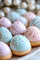 Pastel pink and blue cake pops decorated with delicate pearl sprinkles and metallic accents on golden cookie bases, arranged in elegant rows for special occasions.