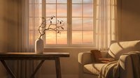 Cozy living room interior with warm sunset light streaming through large windows, featuring comfortable armchair and wooden table with decorative vase.