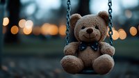 Lonely teddy bear sitting on playground swing at dusk with soft bokeh lights in background, creating nostalgic childhood atmosphere. Perfect for emotional concepts.