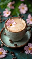 Creamy cappuccino in mint ceramic cup decorated with pink cosmos flower, scattered coffee beans and blurred floral background creating romantic mood.