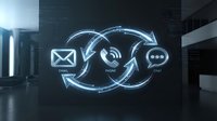 Digital communication icons with glowing blue circular arrows connecting mail, phone and chat symbols in modern office environment for business connectivity.