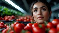 Young woman with natural makeup shopping for fresh tomatoes at grocery store produce section, surrounded by vibrant red vegetables.