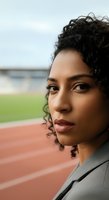 Female athlete with dark curly hair and medium brown skin tone at outdoor running track, wearing gray athletic jacket, looking determined and focused for sports training and fitness concepts.