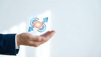 Global expansion strategy concept with businessman hand holding globe and upward arrow icon, representing international business growth and worldwide market development.