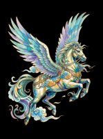 Ornate winged horse with iridescent feathers and decorative gold armor, isolated on transparent background. Ready for t-shirt design, clipart, stickers, sublimation, and print-on-demand products.
