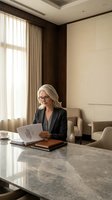 Professional blonde businesswoman in glasses reading documents at marble conference table in modern office with natural lighting and elegant interior design.