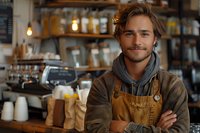 Confident young male barista in brown leather apron and casual wear smiling at camera while standing in cozy coffee shop interior with professional equipment and warm lighting atmosphere.