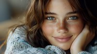 Young Caucasian woman with bright blue eyes, freckles and natural smile wearing cozy knit sweater rests head on hand. Warm atmospheric portrait captures genuine expression.