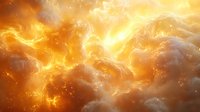 Dramatic golden nebula with glowing cosmic clouds and luminous energy formations creating ethereal light effects in deep space background.