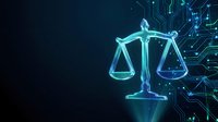 Digital justice scales with glowing circuit board patterns on dark background representing legal technology and cyber law enforcement concepts.