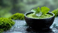 Fresh green herb sauce in black stone bowl garnished with parsley leaf on wet dark surface with moss and rain drops, moody atmosphere.