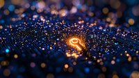 Glowing key icon on circuit board with blue bokeh lights and digital connections. Technology security concept for data protection and cybersecurity solutions.