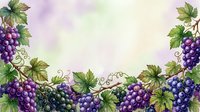 Watercolor grape vines with purple clusters and green leaves creating decorative border frame on soft pastel background for wine and harvest themes.
