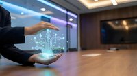 Businessman in dark suit holding glowing digital circuit board hologram above wooden desk, representing artificial intelligence and technology innovation in modern office environment.