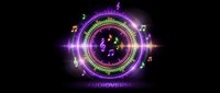 Futuristic digital music interface with glowing purple and green circular display featuring musical notes and sound waves on black background.